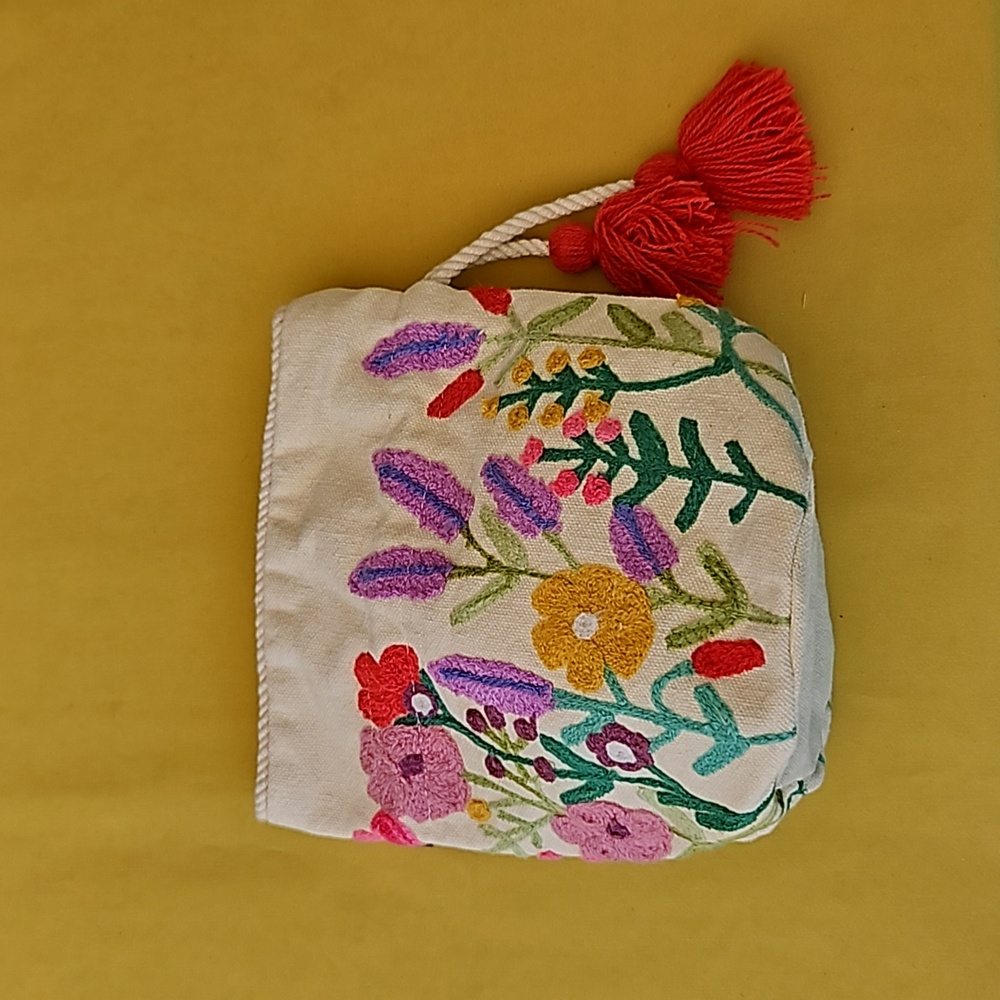 Embroidered - Made in India Jute Bag With Floral Design - 7 in Tall 7 in Wide